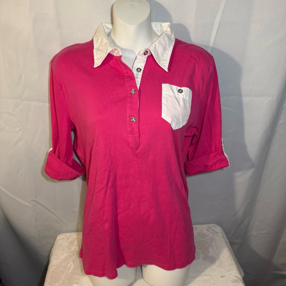 Lauren‎ Ralph Lauren Pink Contrast Collar Henley Top Women's XL Cotton Preppy